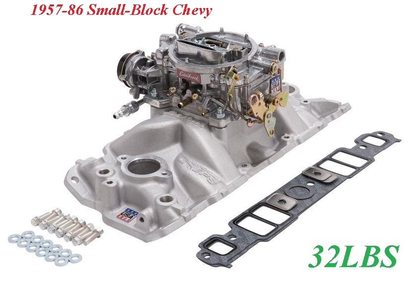 The Edelbrock #2021 Single-Quad Manifold and carb kit is designed for 1957-86 Small-Block Chevy applications.